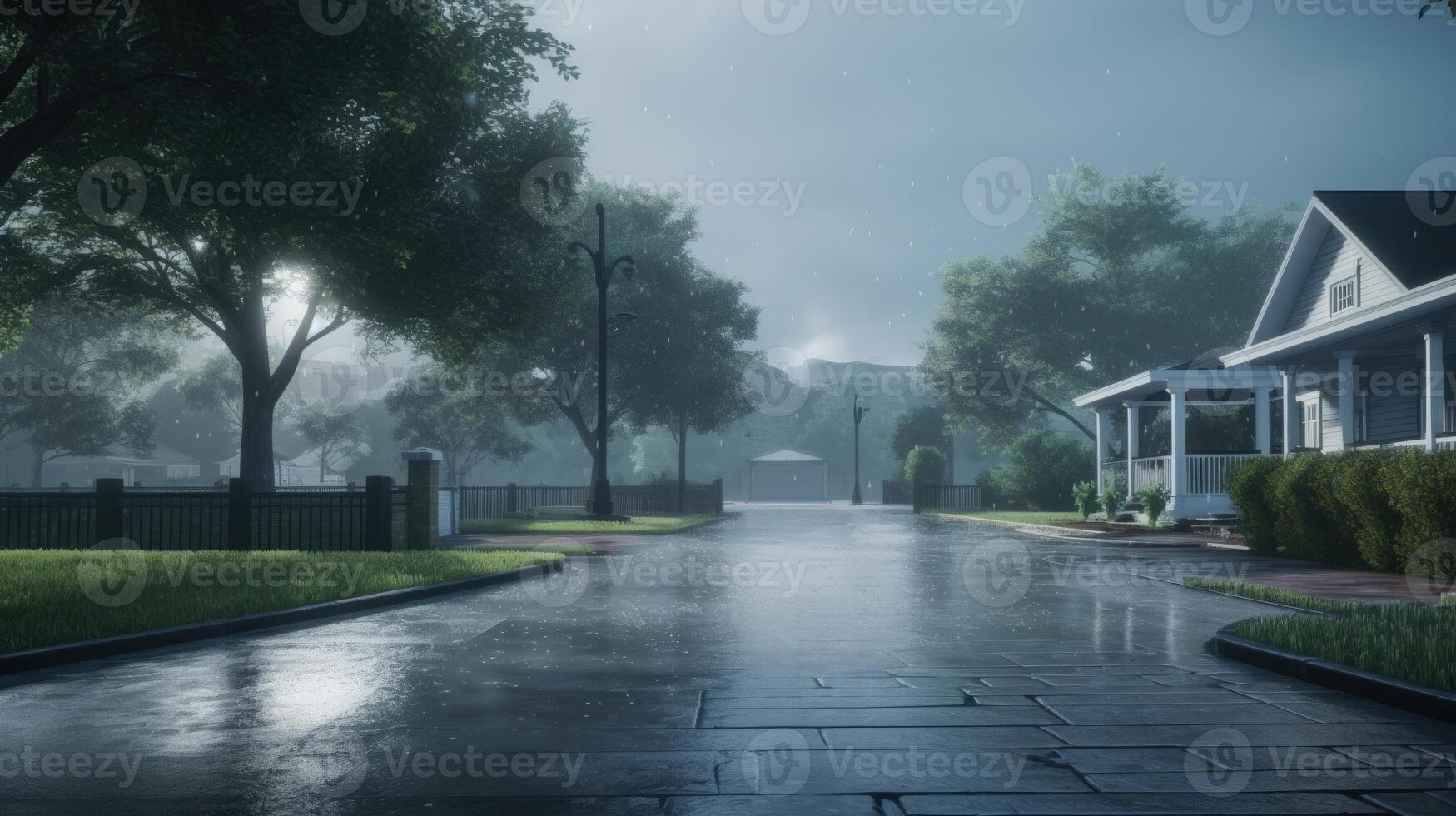 A quiet suburban street after a light rain with a house on the right with a porch and a garage on the left, wet pavement with reflections of the street lights. photo