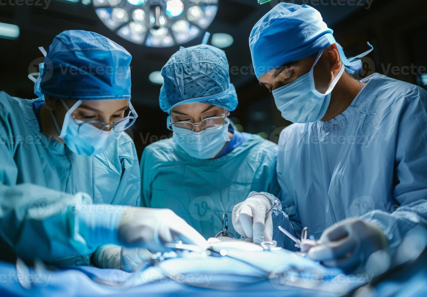 A team of surgeons performing a complex operation in a modern operating room photo