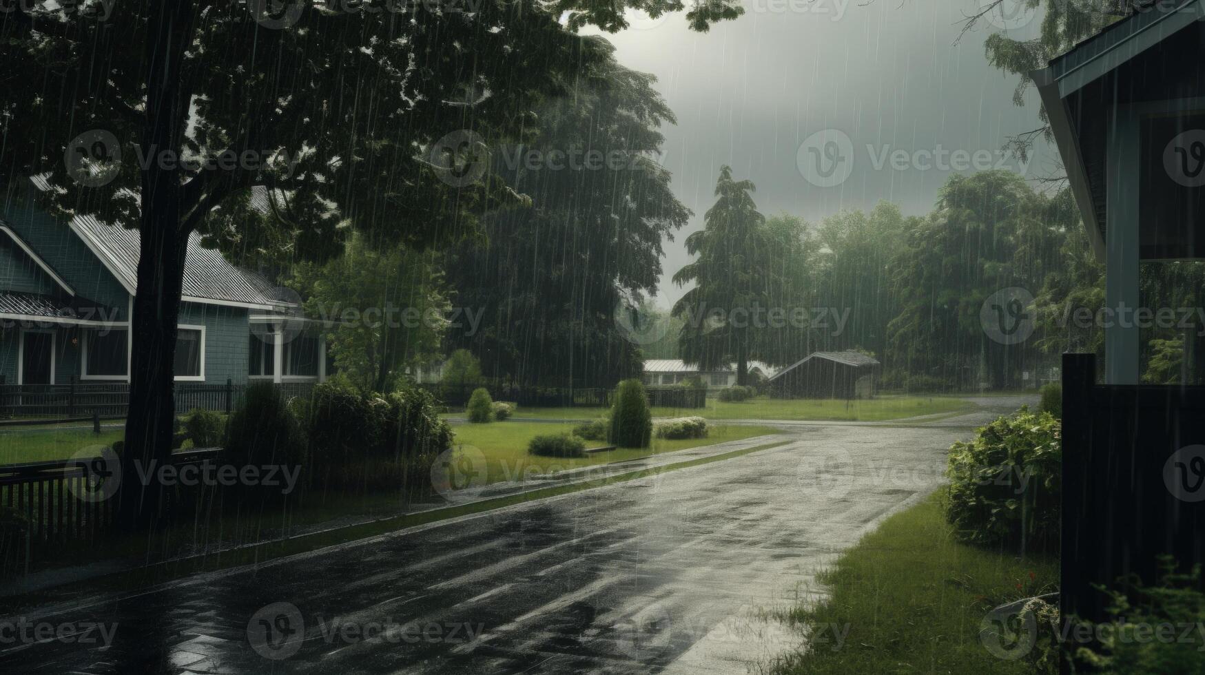 A quiet suburban street with houses on either side, drenched in heavy rain. photo