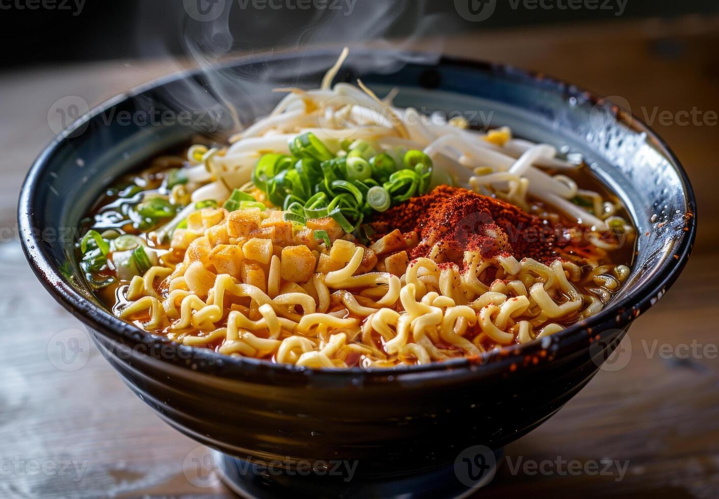 A steaming bowl of ramen with perfectly cooked noodles, broth, and toppings photo