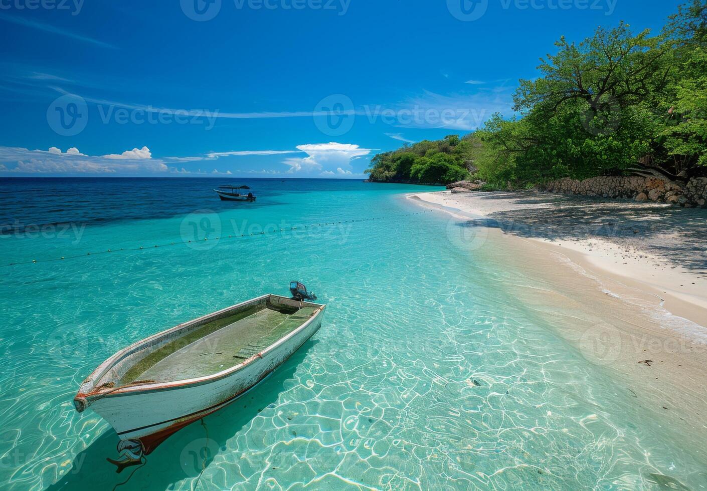 A serene beach with crystal clear water and a small boat anchored nearby photo