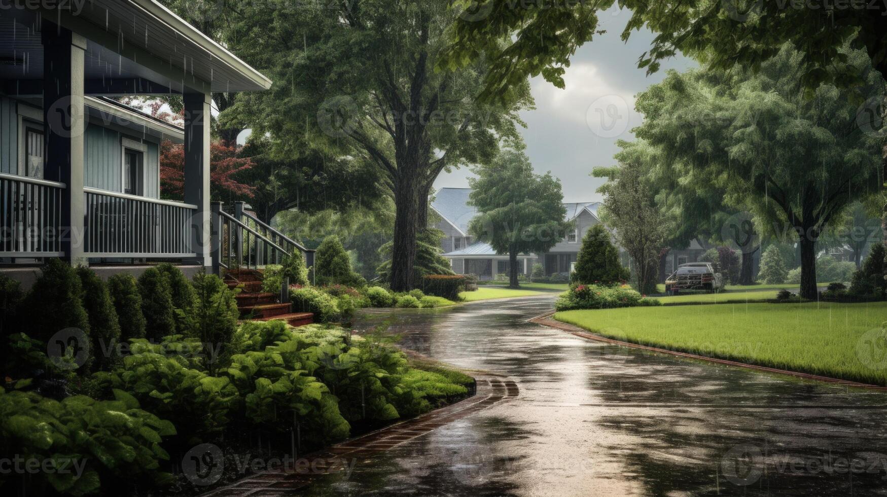 A rain-soaked driveway leads to a house in the suburbs, with trees and lush greenery on either side. photo