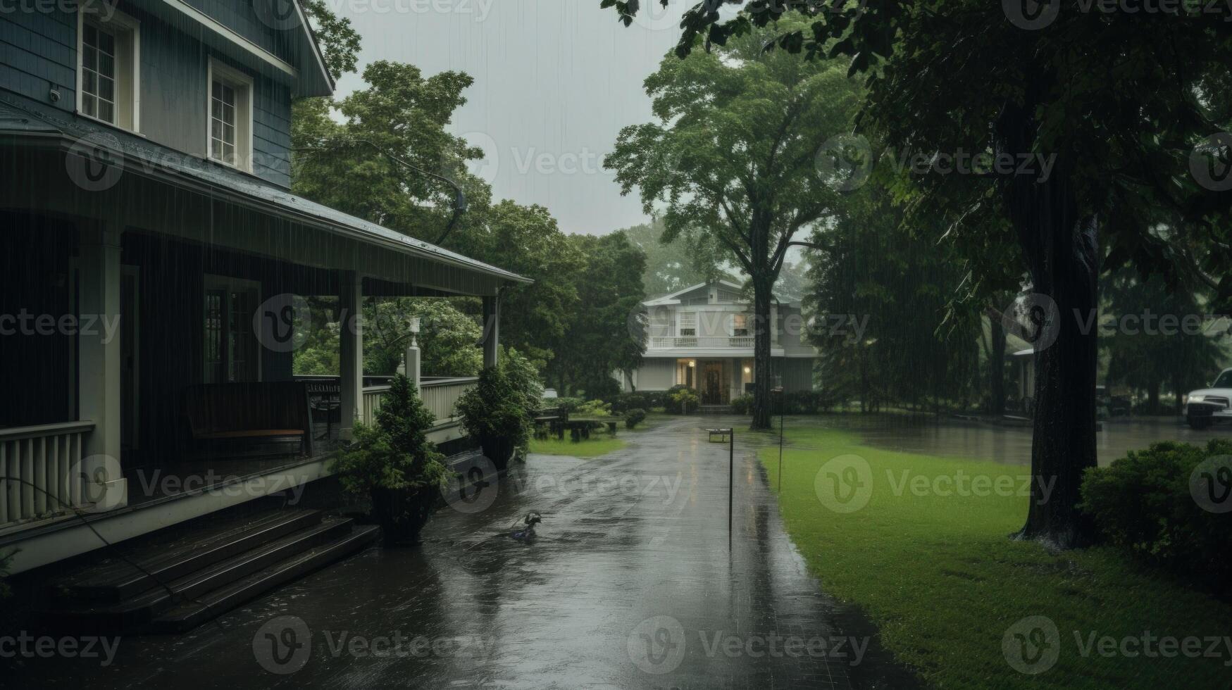 A rainy day in the suburbs with a house, porch, and trees with a wet driveway. photo