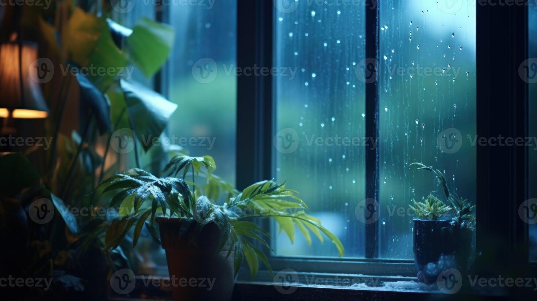 A rainy day outside the window with two potted plants. photo
