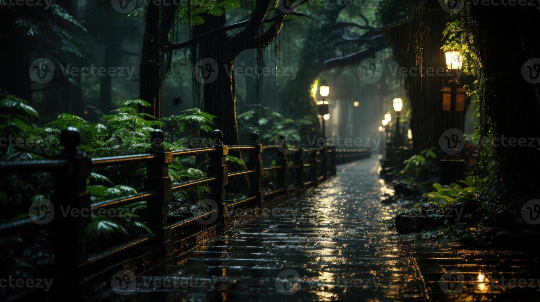 A rainy evening walk through a dark forest lit by streetlamps. photo