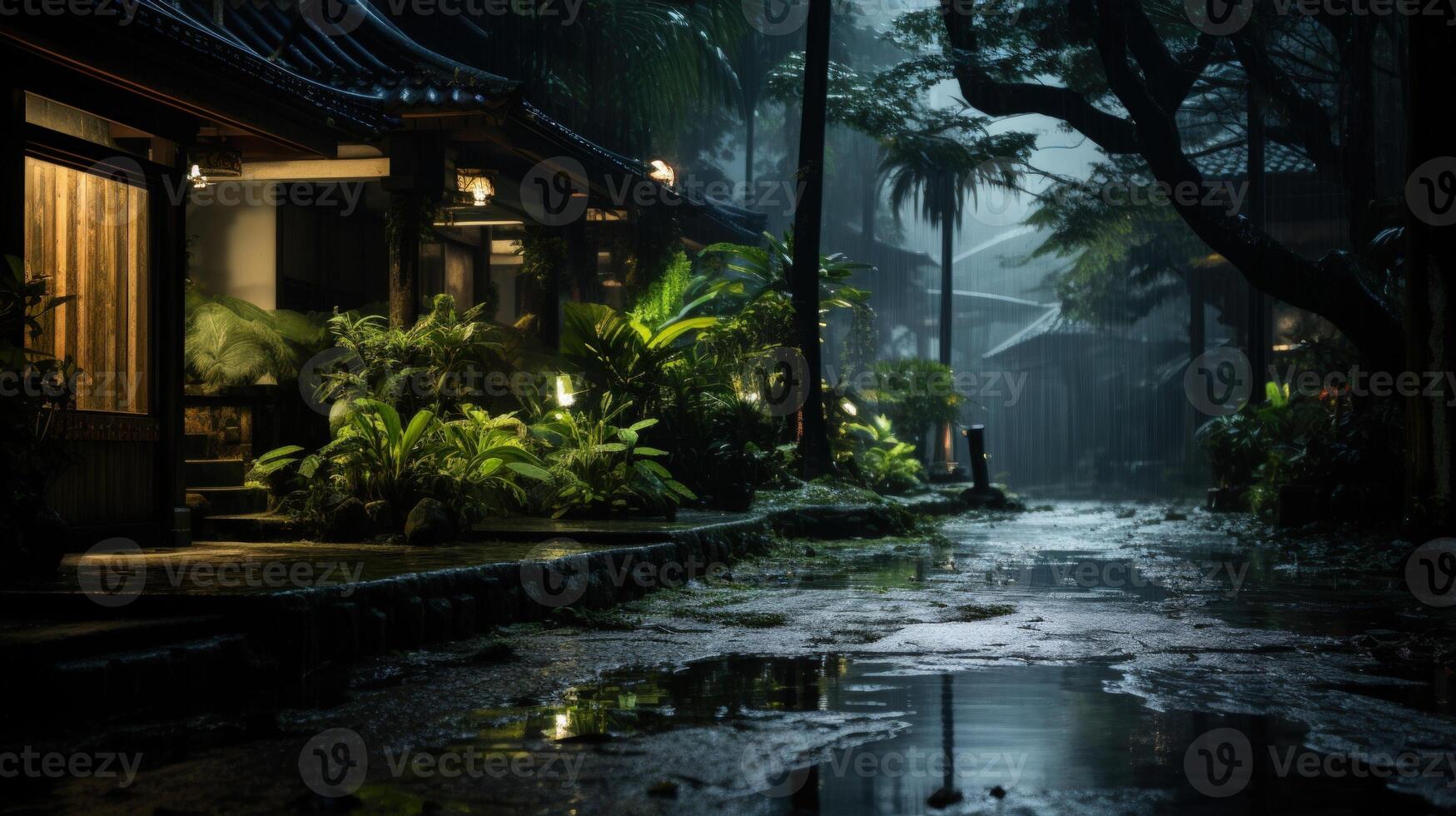 A rainy night in a tropical garden, with lush foliage and a wooden building, illuminated by a few lights. The path is flooded with water and reflects the lights, creating a serene and peaceful atmosphere. photo