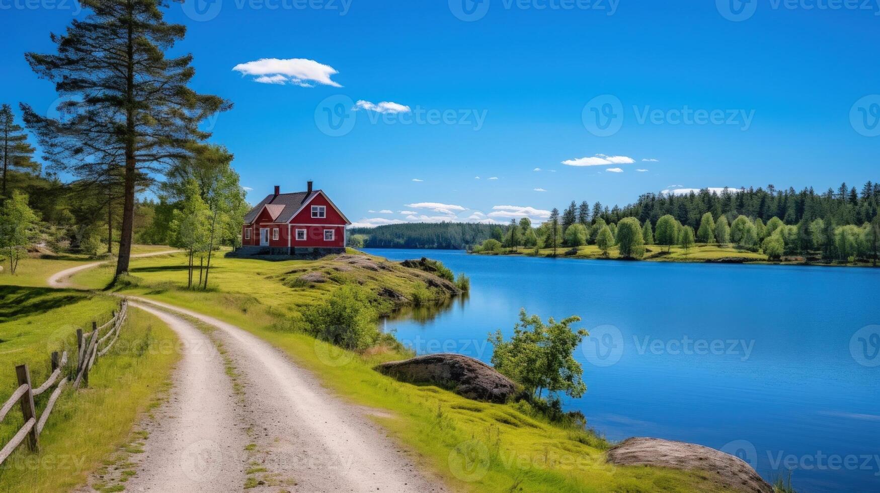 A red house sits on a hill overlooking a tranquil lake with a dirt road leading towards it. photo