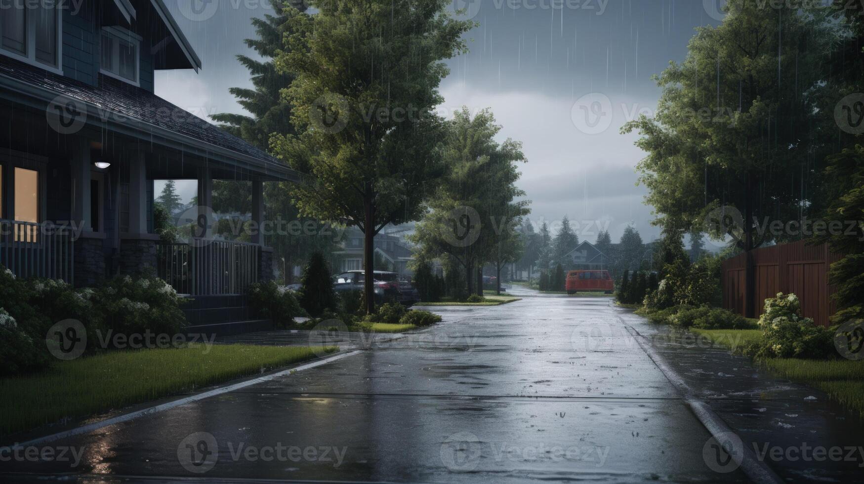 A residential street with houses on either side, a red vehicle parked on the right side, and the street is wet from rain. photo