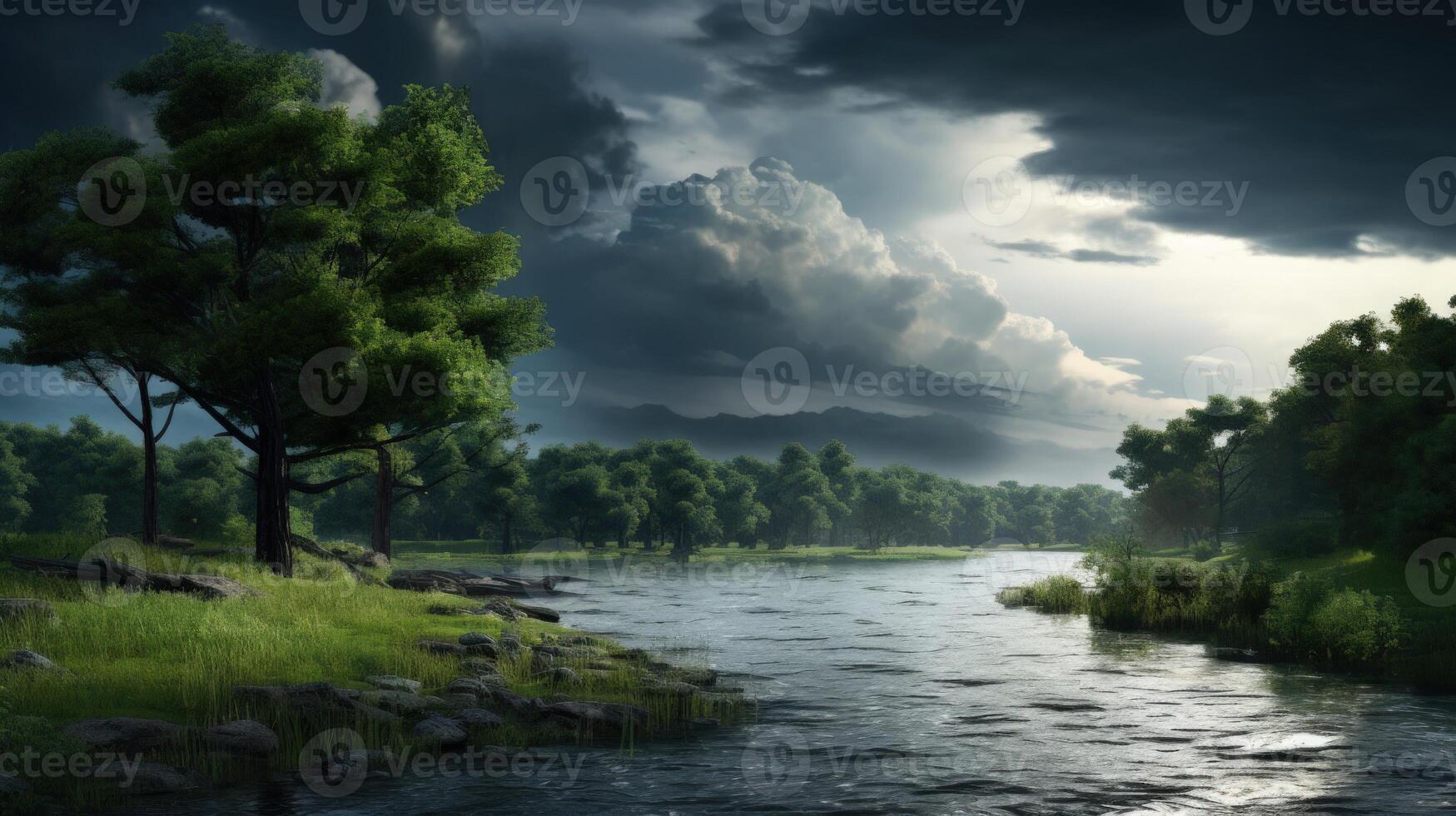 A river flows through a lush forest with a stormy sky above. photo