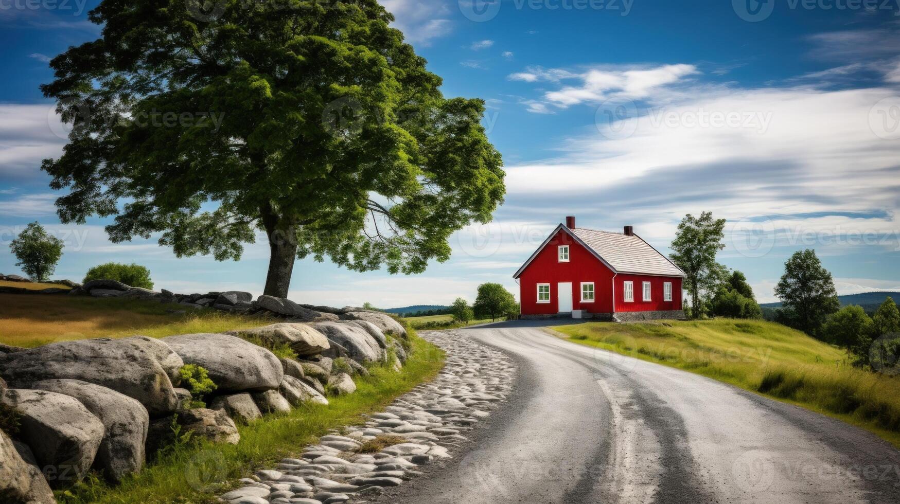 A red cottage sits at the end of a winding road, with a large tree and a stone wall, with a clear blue sky and fluffy white clouds. photo