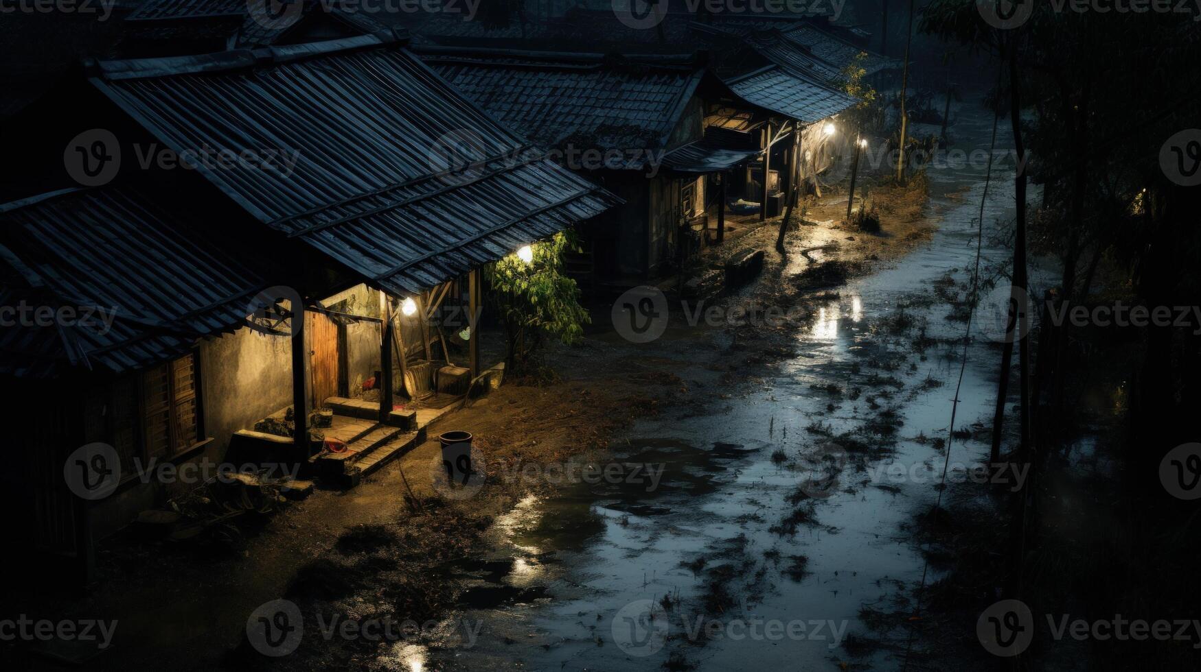 A row of traditional houses with tiled roofs are lit by street lamps and are lined up by a flooded dirt road in the middle of a dark, dense forest at night. photo