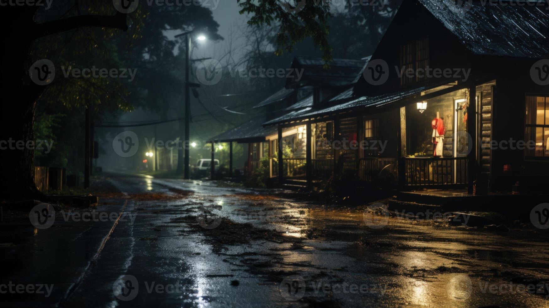 A row of old wooden houses with porch lights illuminated on a rainy night. photo