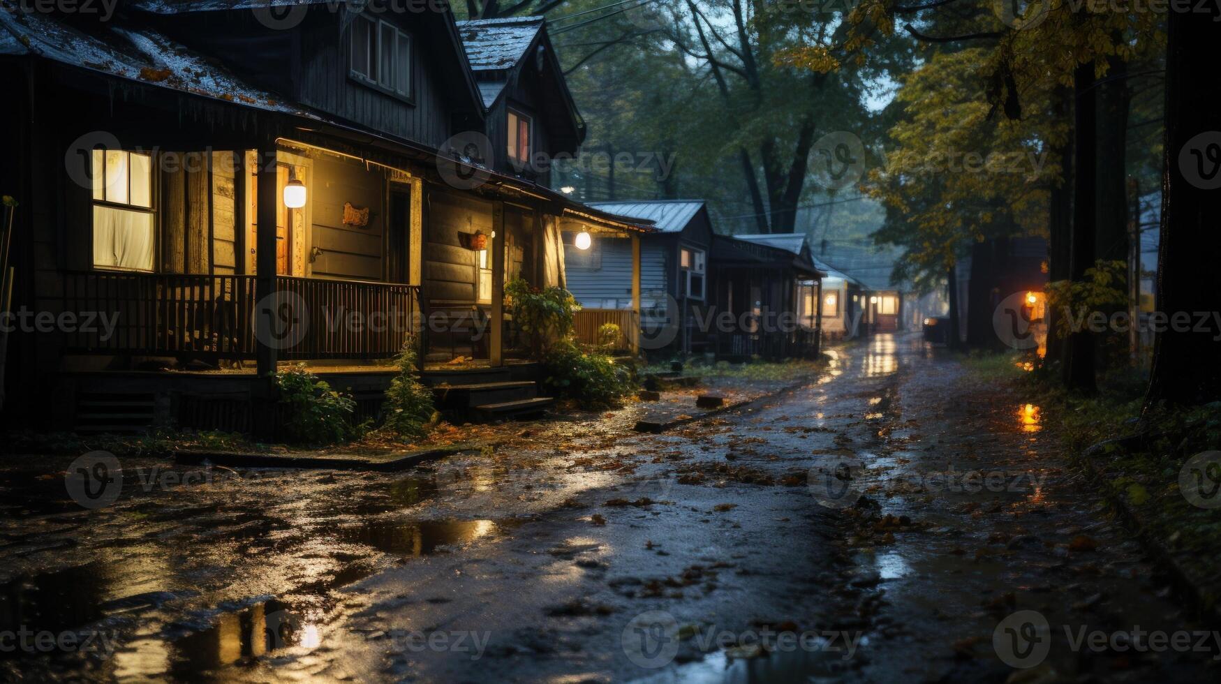 A row of cozy cabins with porch lights glowing in the rain on a wet, dark, forest road. photo