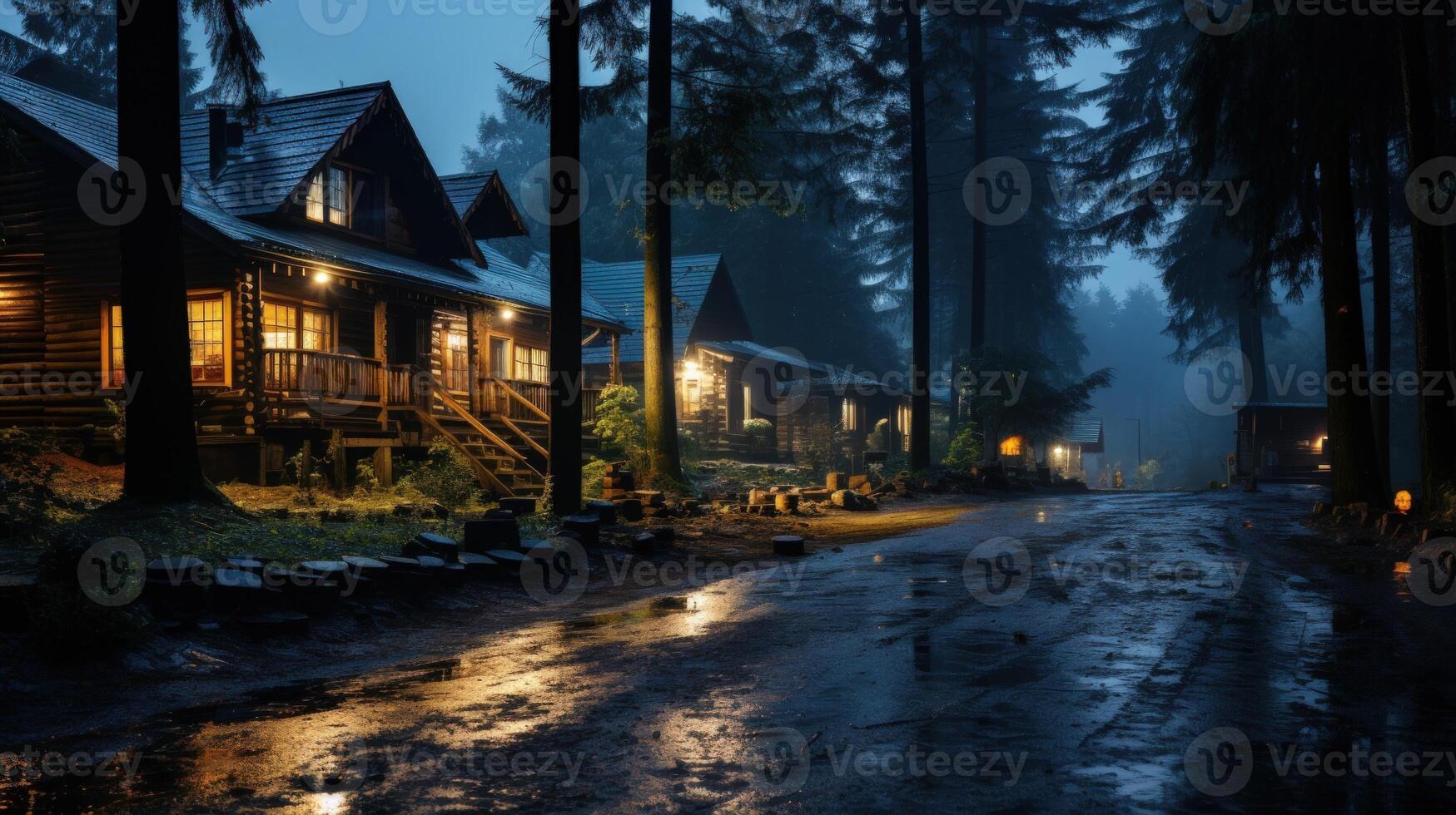 A row of lit wooden cabins on a misty road in the woods at night. photo