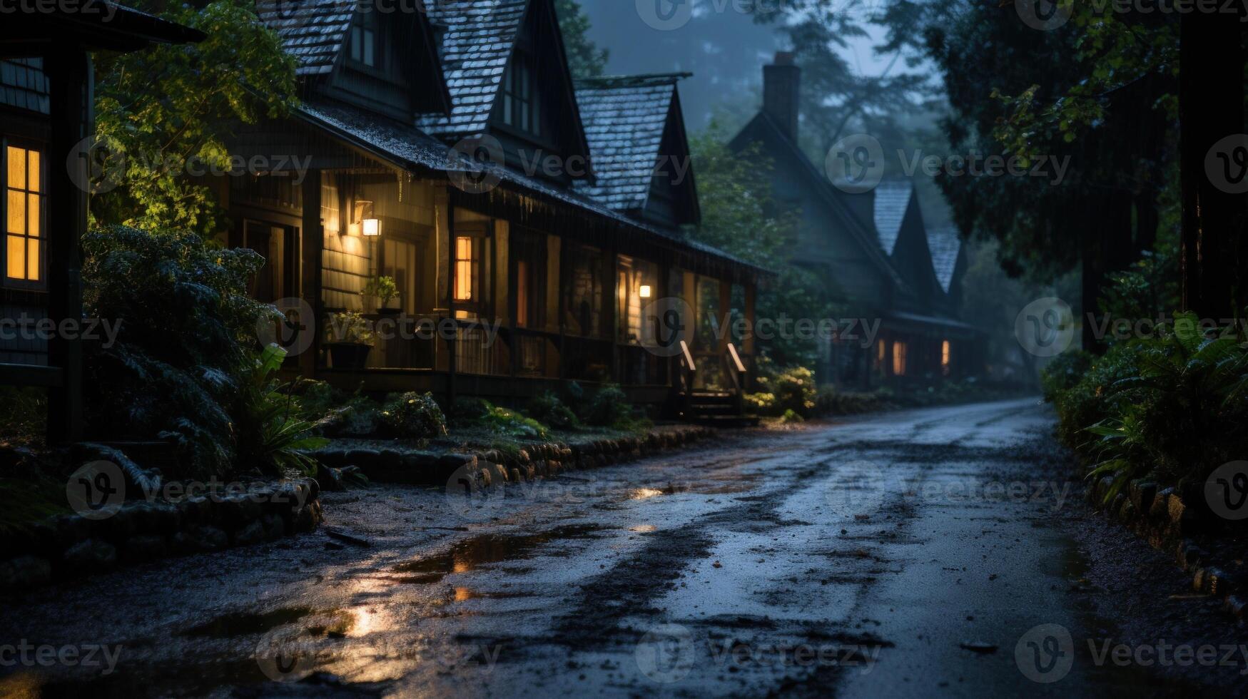 A row of wooden houses with lit windows on a wet, dark street at night. photo