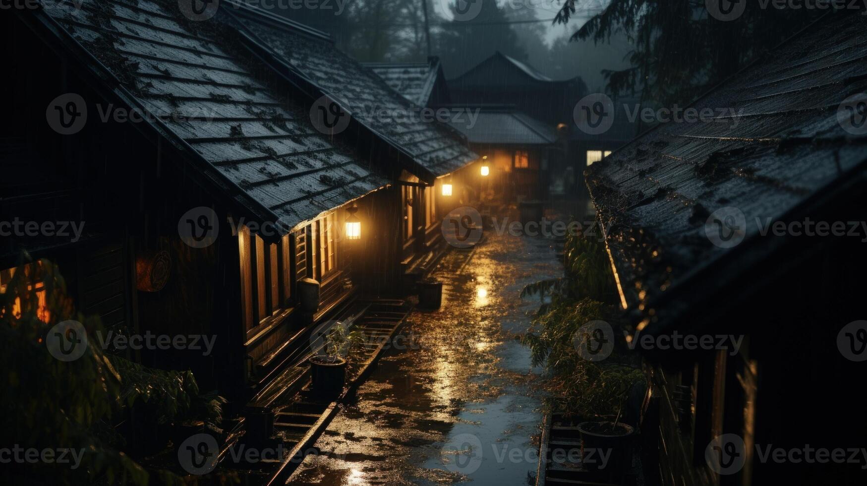 A row of wooden houses with lit windows are seen at night in the rain. The water reflects the light from the windows, and a single tree can be seen in the background. photo