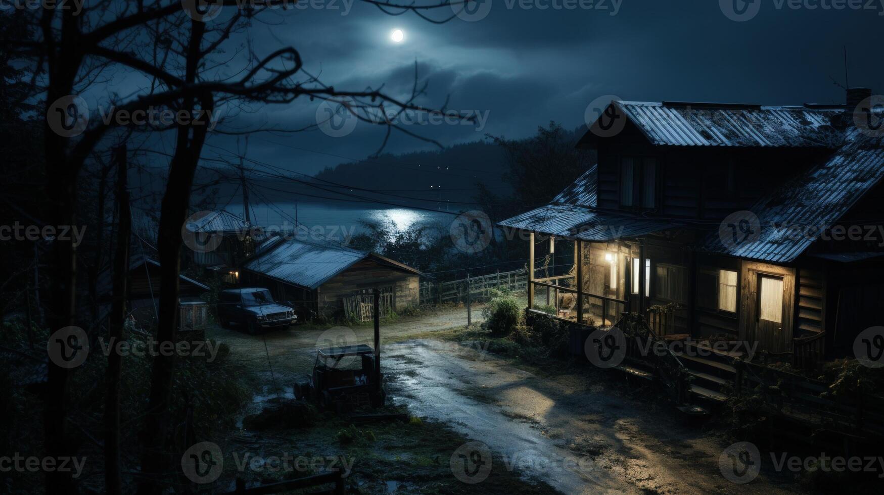 A rustic cabin with a porch light glows under a full moon. photo