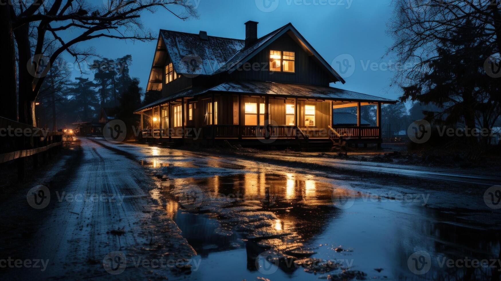 A rustic house with lit windows on a foggy evening by a dirt road with puddles reflecting the lights. photo