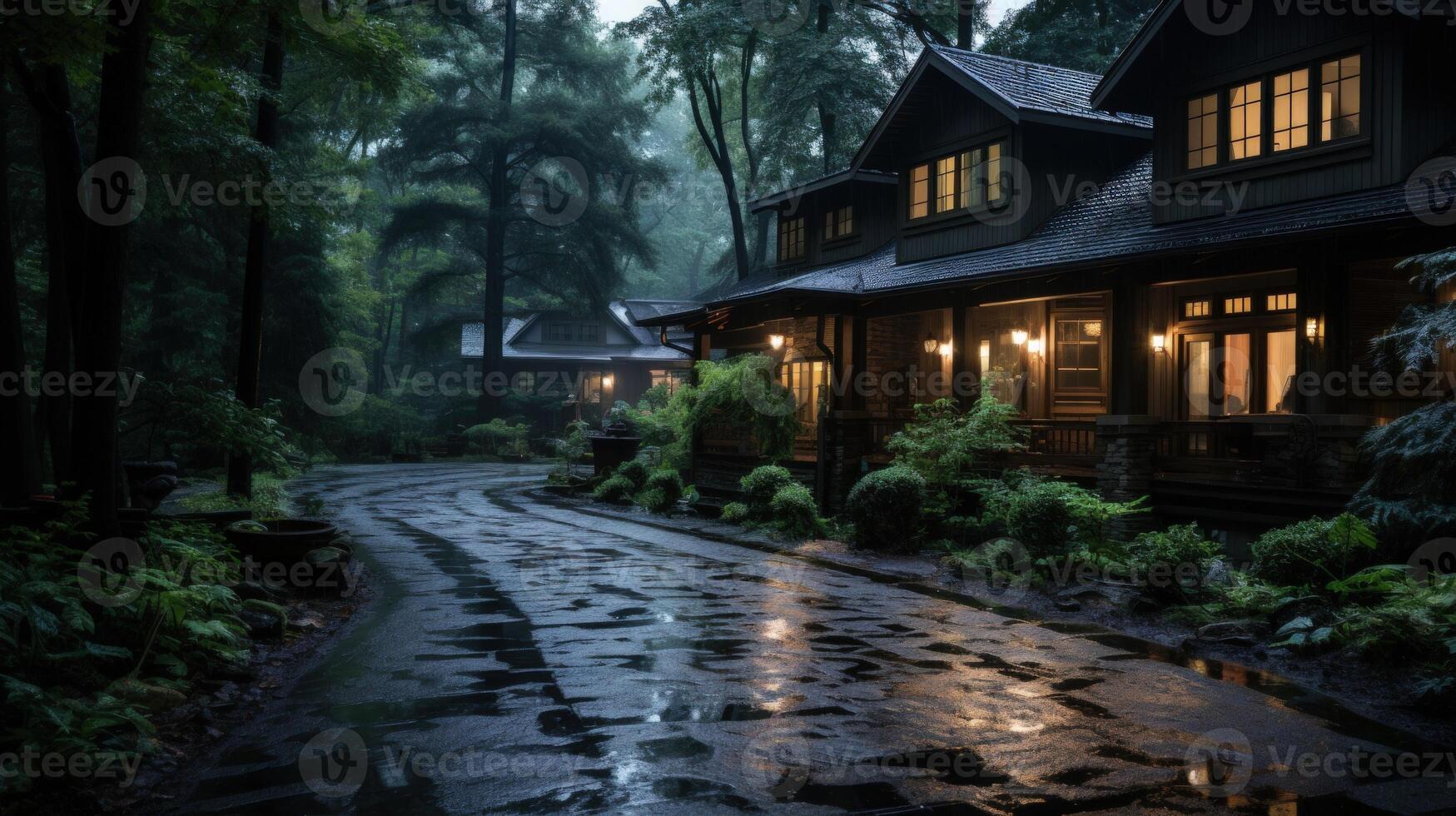 A rustic wooden house with lit windows sits on a winding path through a dense forest after rain. photo