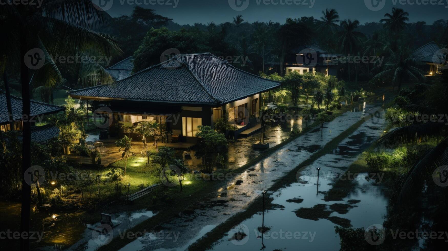 A secluded tropical resort with a pathway lit by lanterns after rain. photo