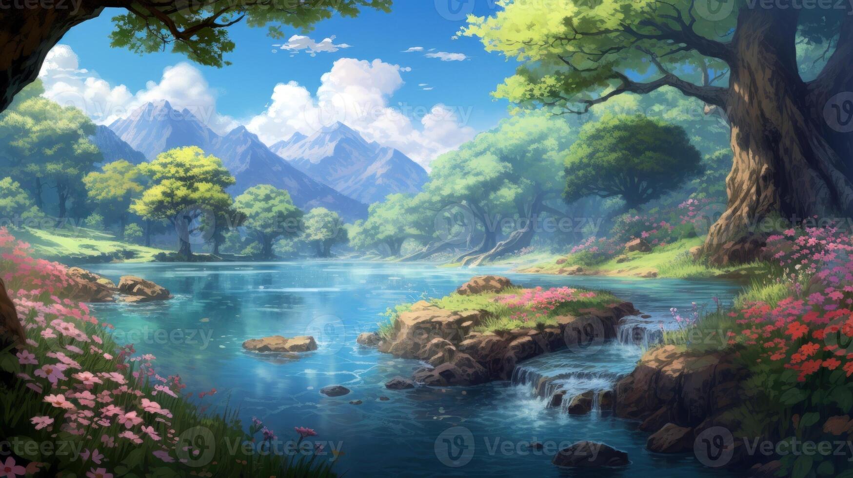 A serene landscape with a river flowing through a lush forest, surrounded by mountains in the distance. The water is crystal clear, and the trees are full of vibrant green leaves. Pink and red flowers bloom on the riverbanks, adding a touch of color to th photo