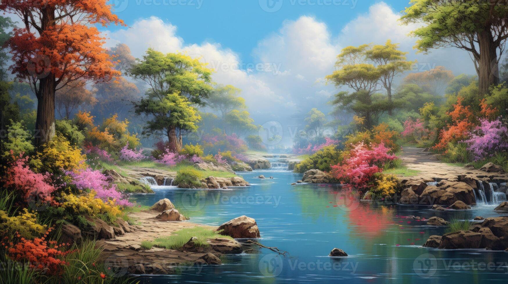 A serene river flows through a lush forest with colorful blooms, waterfalls, and a clear blue sky. photo