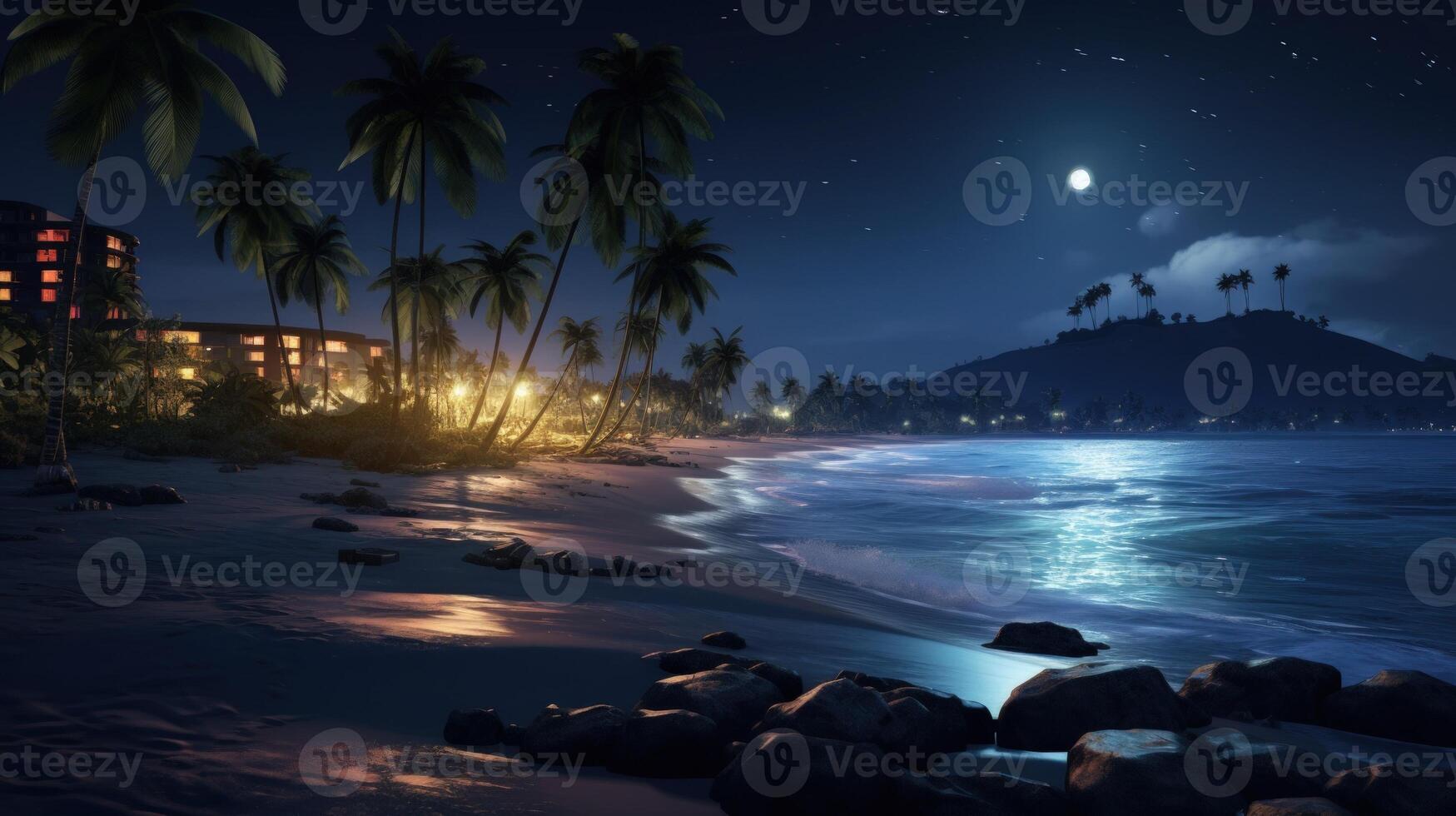 A serene night scene of a tropical beach with palm trees, a resort, and a full moon shining over the calm ocean. photo
