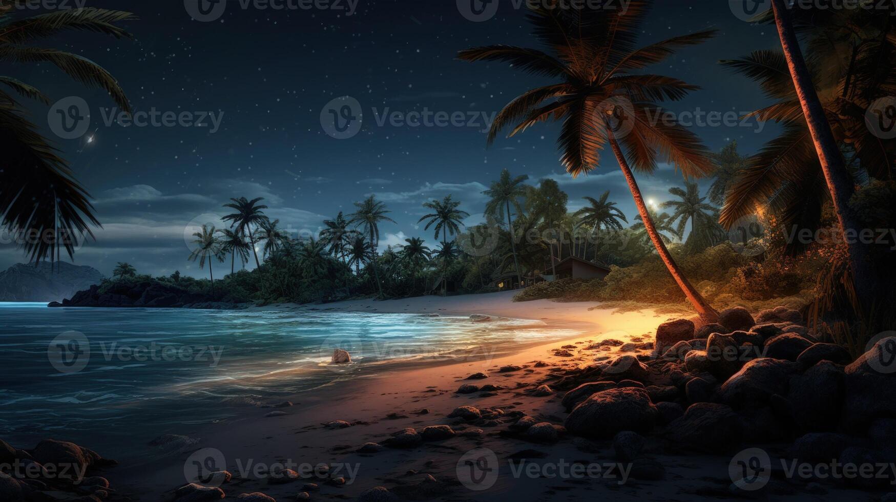 A serene tropical beach at night with a starry sky, palm trees, and a small house. photo