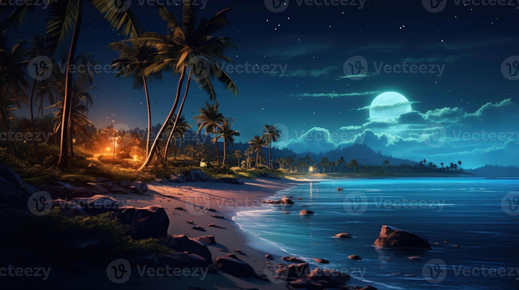 A serene tropical beach at night with palm trees, a full moon, and a starry sky, with a campfire on the beach. photo