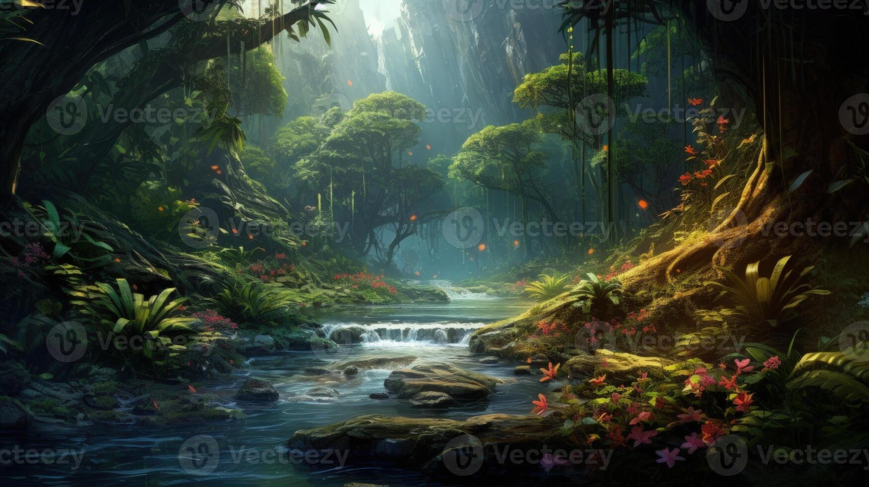 A serene stream flows through a lush, vibrant jungle, sunlight filtering through the canopy and illuminating the verdant landscape. photo