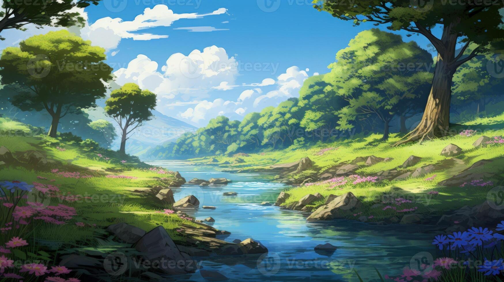 A serene river flows through a lush green forest with a bright blue sky and white clouds above, a beautiful scene of nature. photo