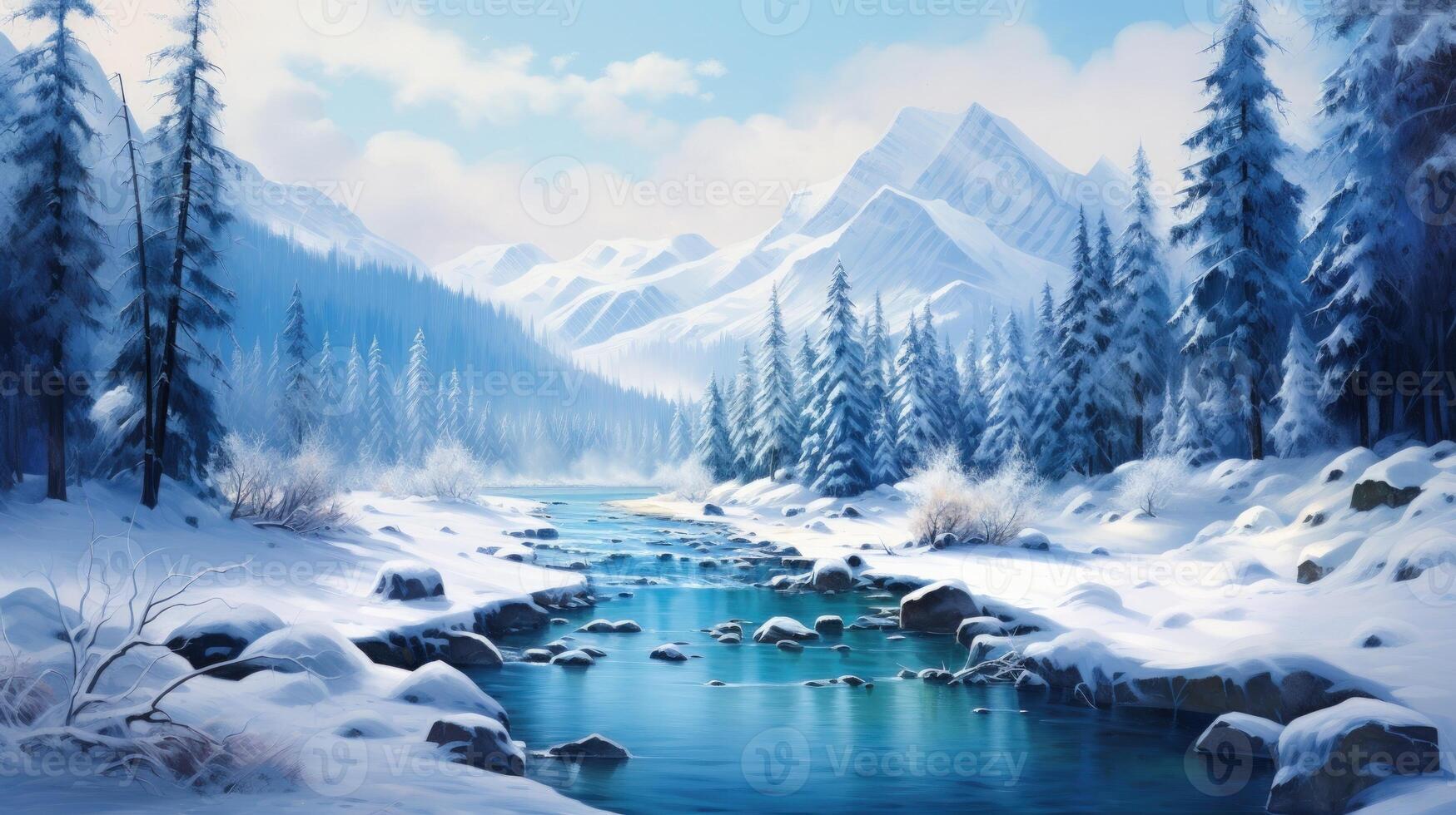 A serene winter scene with a meandering river winding through a snow-covered mountain valley.  The river reflects the blue sky above, while snow-laden trees stand tall against the majestic backdrop. photo