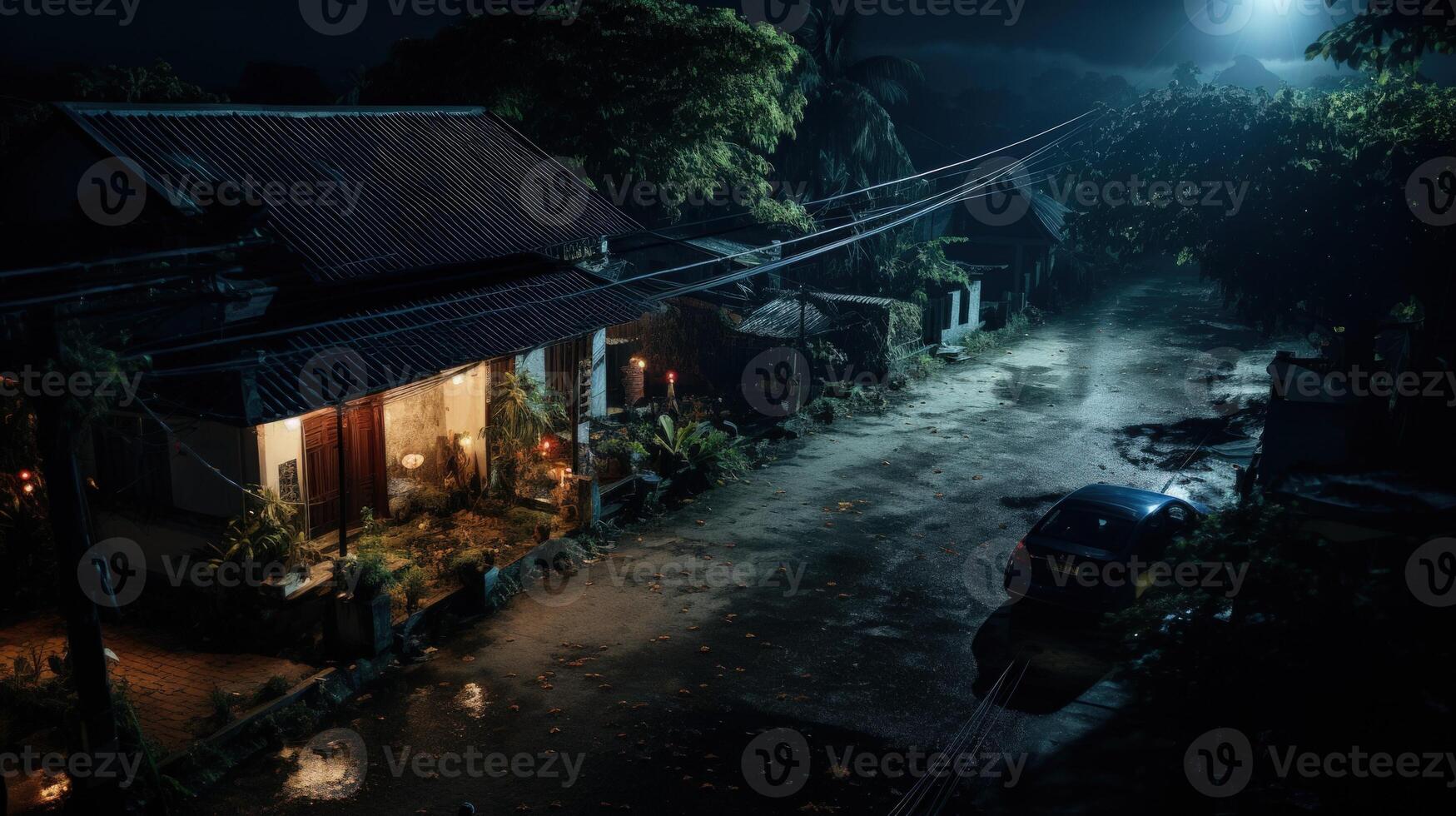 A single car is parked on a dark and narrow street, with a house on the left and lush foliage and trees on the right. The street is illuminated by a streetlight in the distance. photo