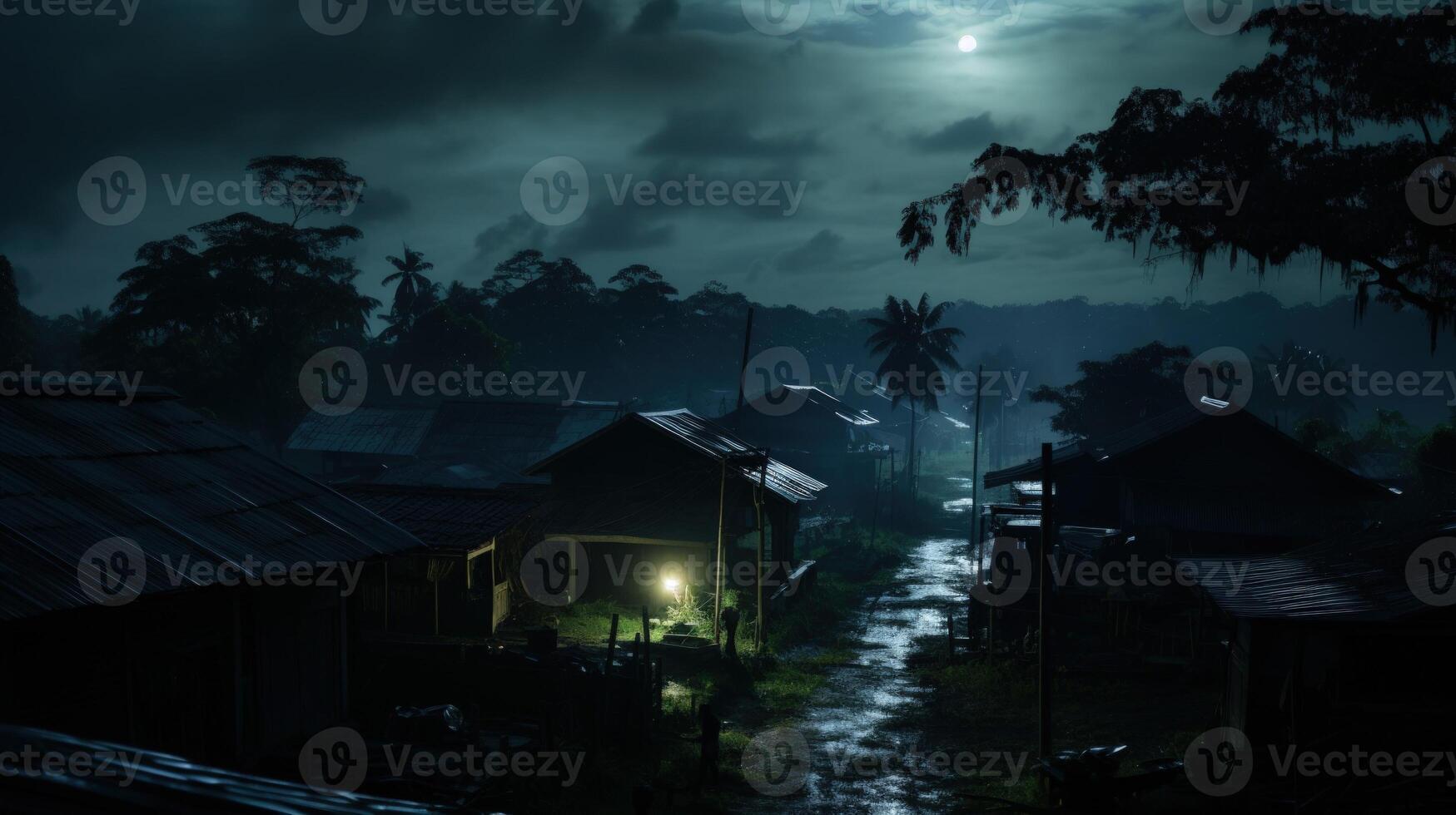A single light illuminates a dark alleyway in a village at night, the full moon shining through the clouds. photo