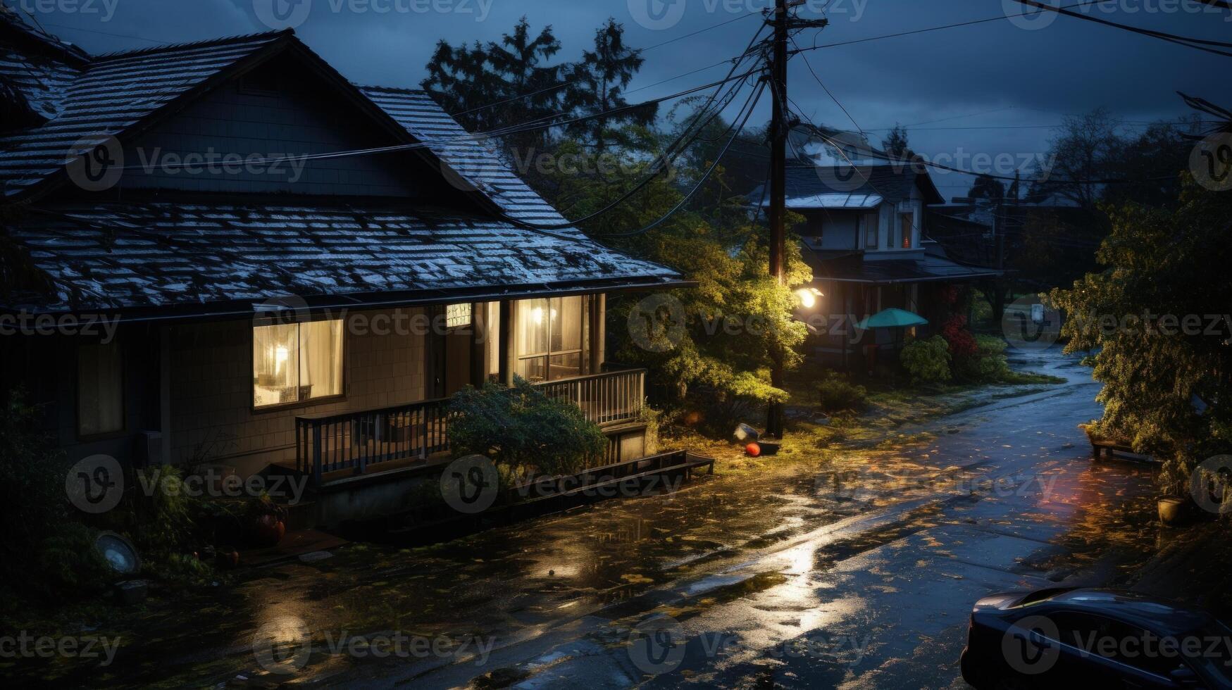 A single house with lit windows sits on a quiet street in the evening rain. The street is wet and reflective, and the trees are silhouetted against the cloudy sky. photo