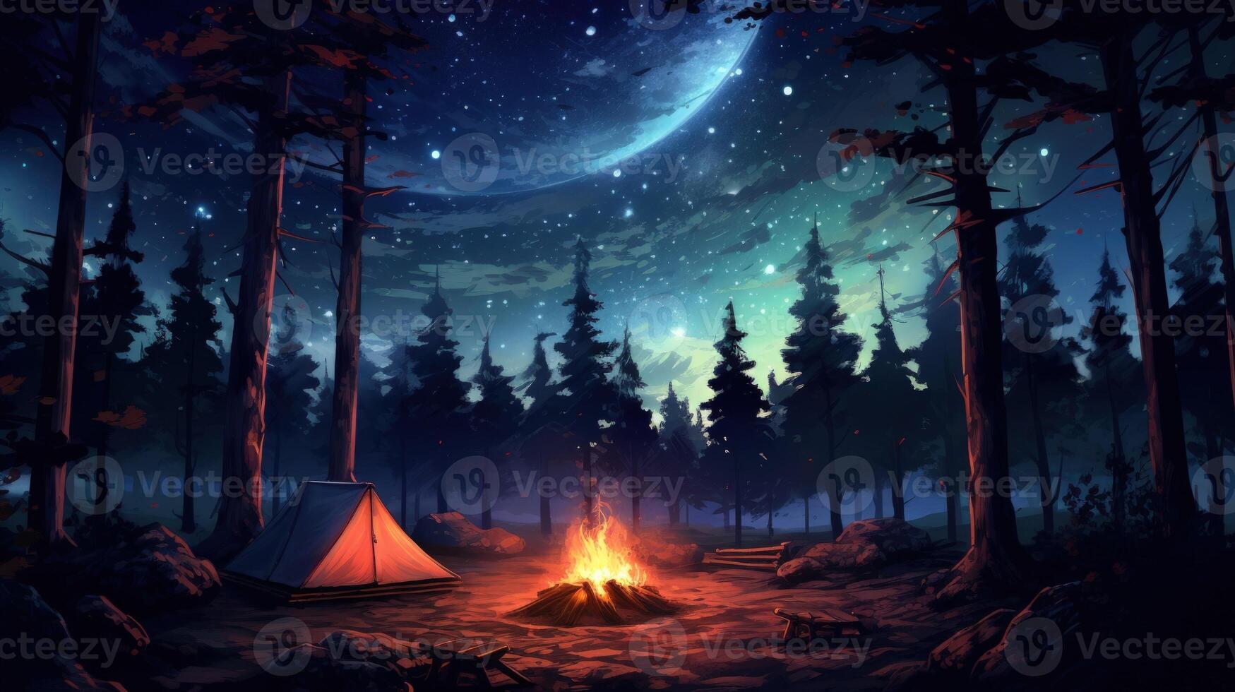 A single tent sits in the dark forest under a starry sky with a blazing campfire in front of it. photo