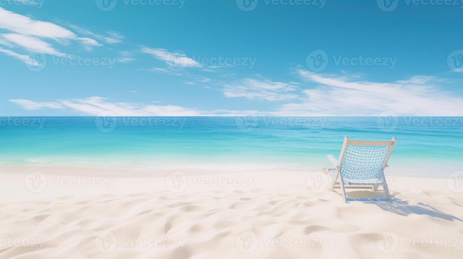 A single white lounger sits on a pristine, white sand beach overlooking a turquoise ocean and a bright blue sky. photo