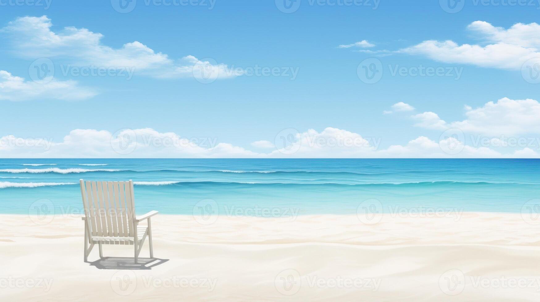 A single white wooden chair sits on a sandy beach with the blue ocean and sky in the background. photo