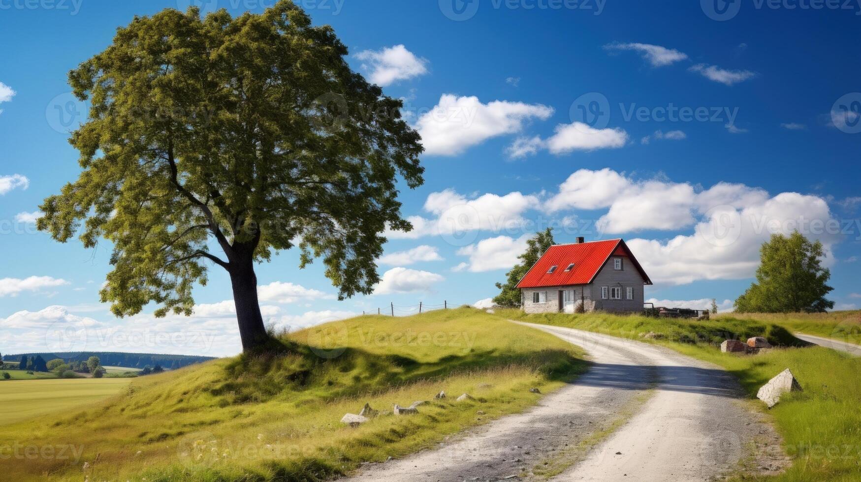 A single-story house with a red roof sits on a grassy hill with a dirt road leading away from it. The house is surrounded by trees and a blue sky. photo