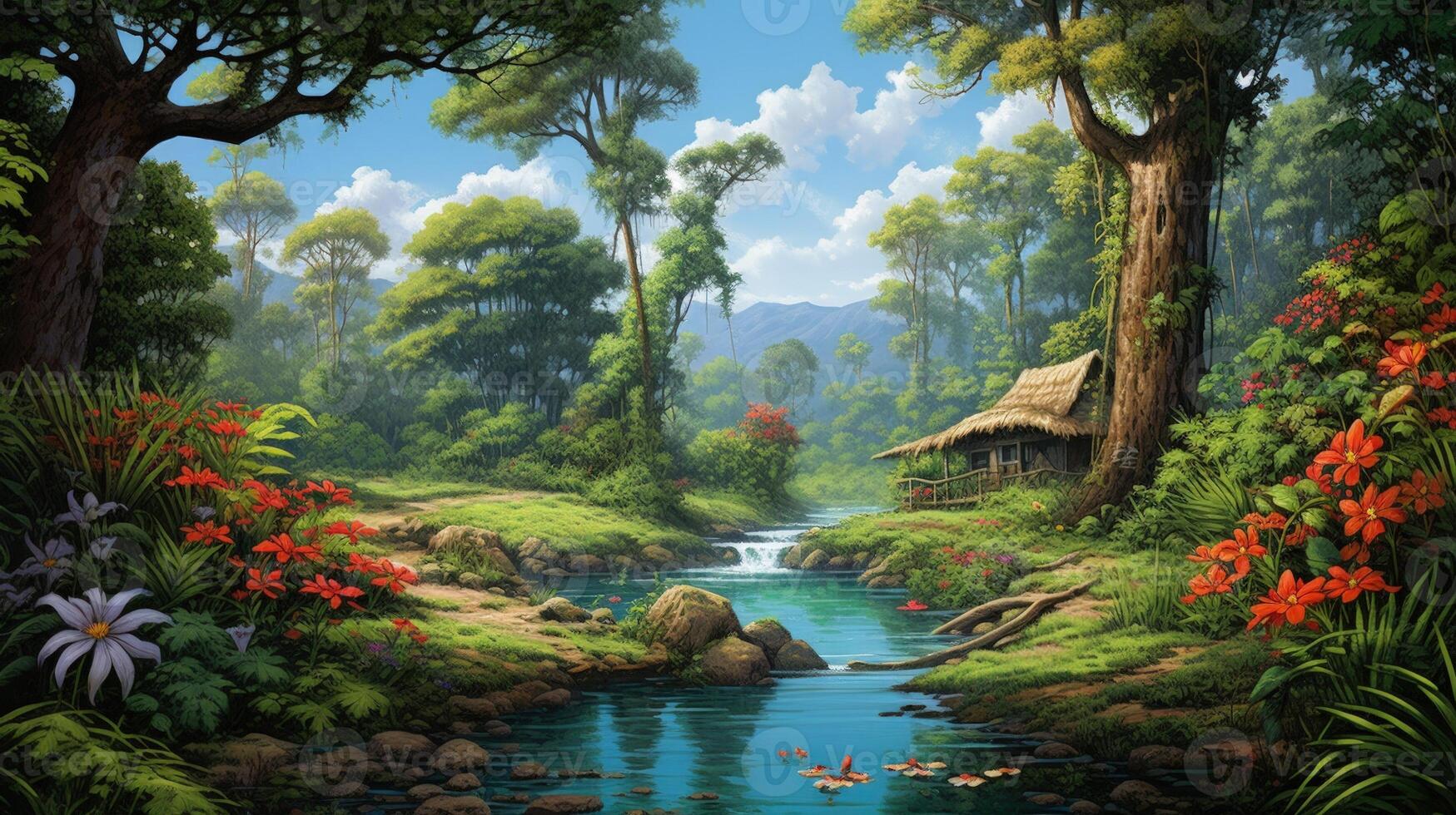 A small cabin sits nestled in a lush green forest, beside a clear blue stream that flows over rocks. photo