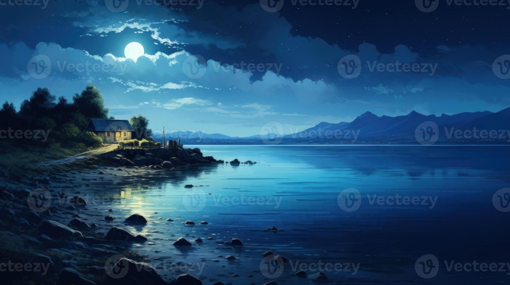 A small cottage with glowing windows sits on a rocky shore, illuminated by the moon and stars in a vast, calm lake, mountains are silhouetted on the far shore. photo