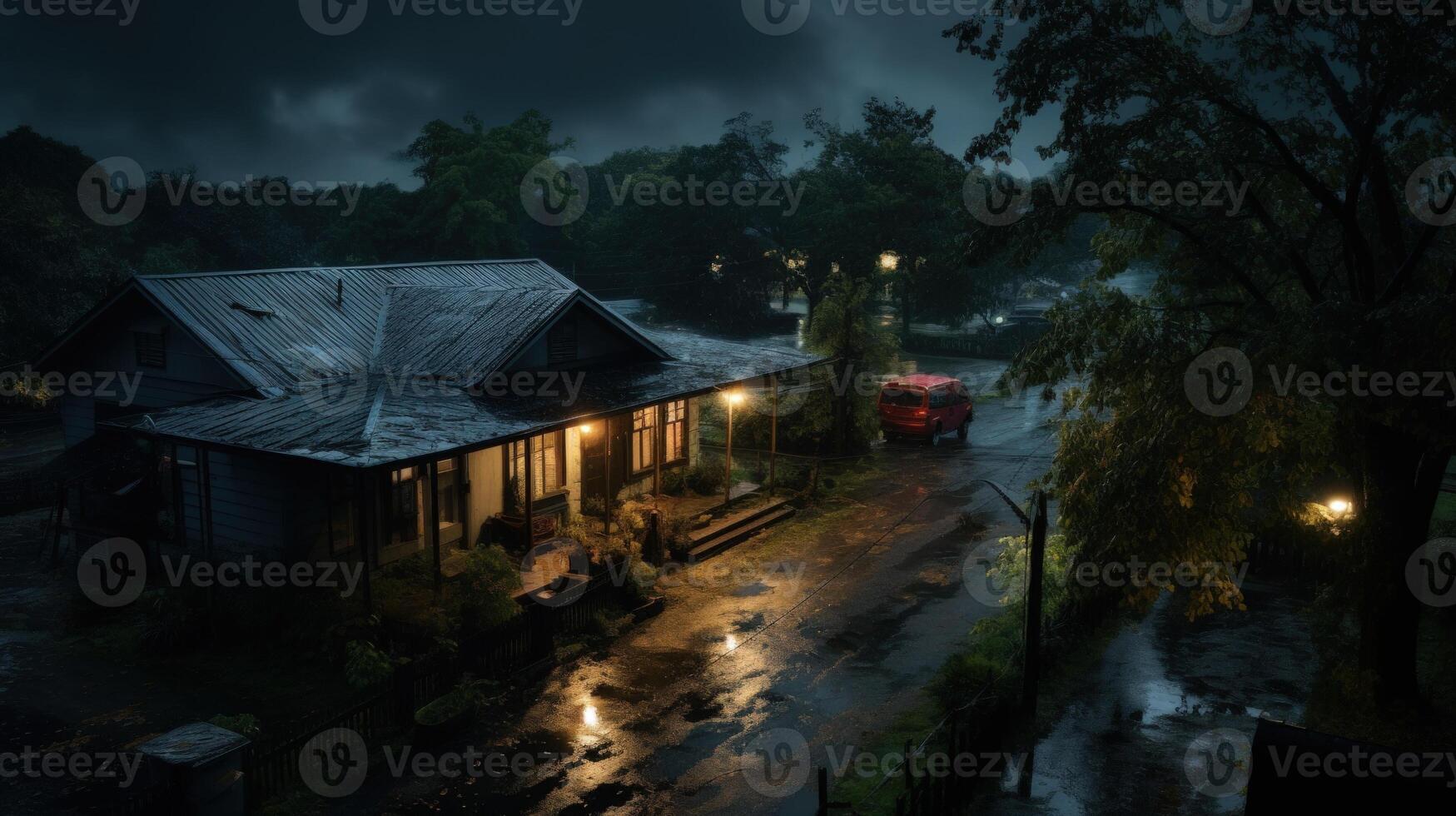 A small house with a porch light stands on a wet street with a red van parked in front of it after a storm. photo