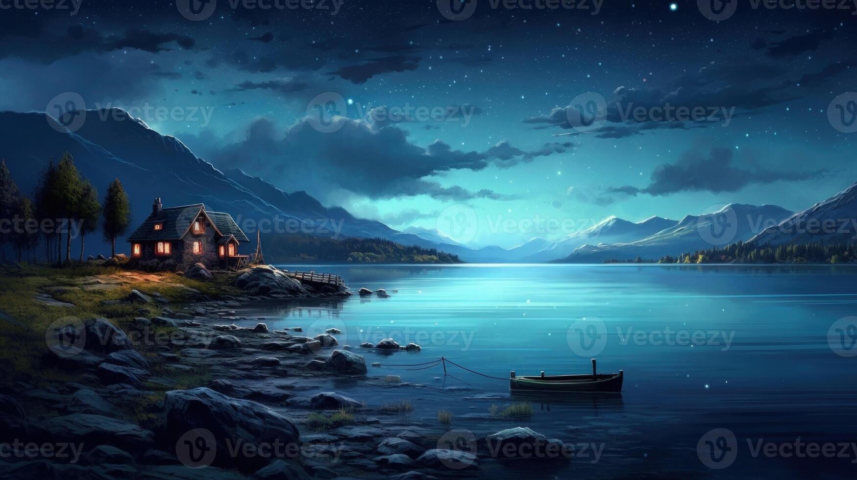 A small cottage with lights on sits on a rocky shore next to a still lake under a starry sky. photo