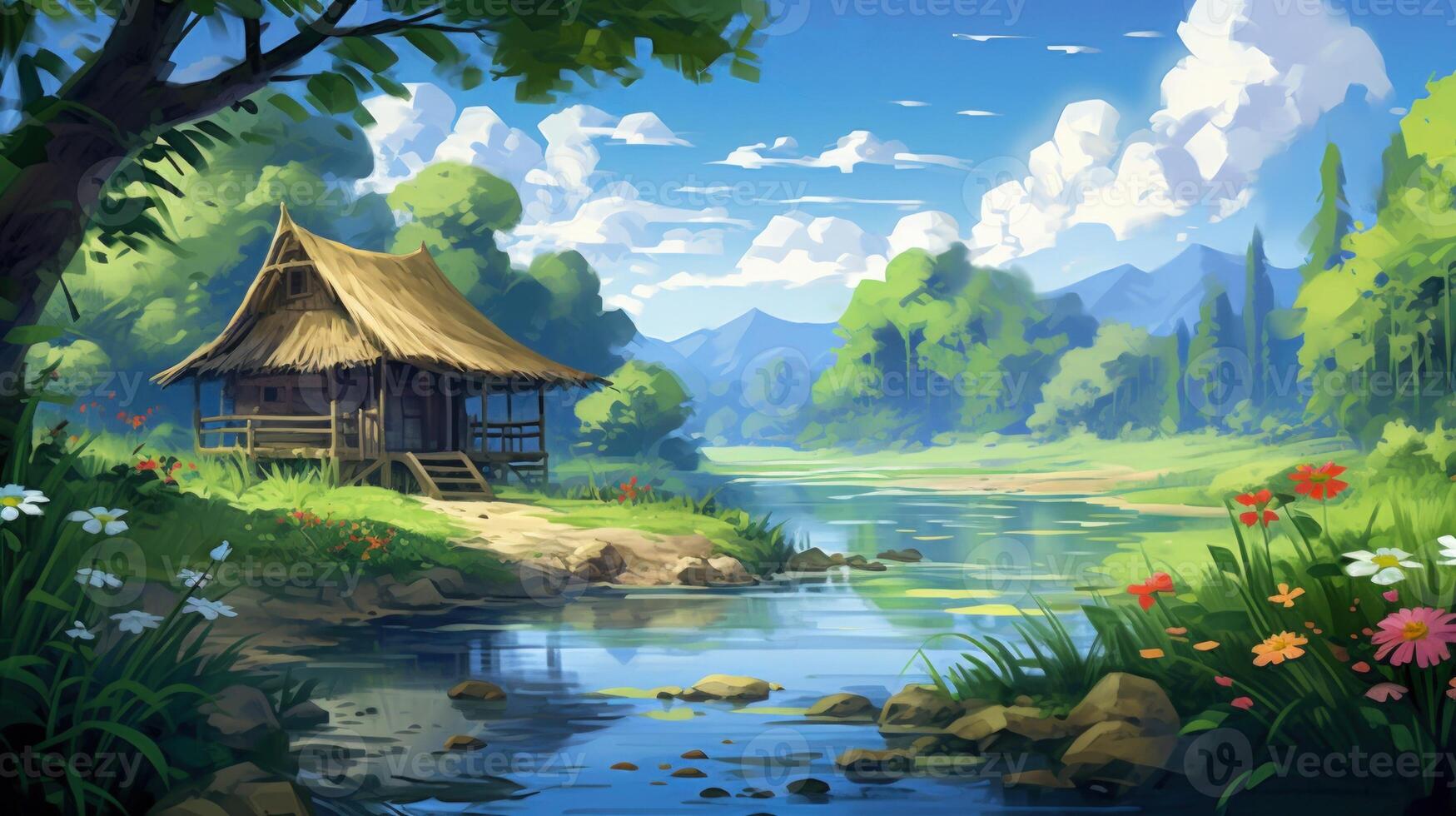 A small wooden cabin nestled in a lush green forest with a river running through it. photo