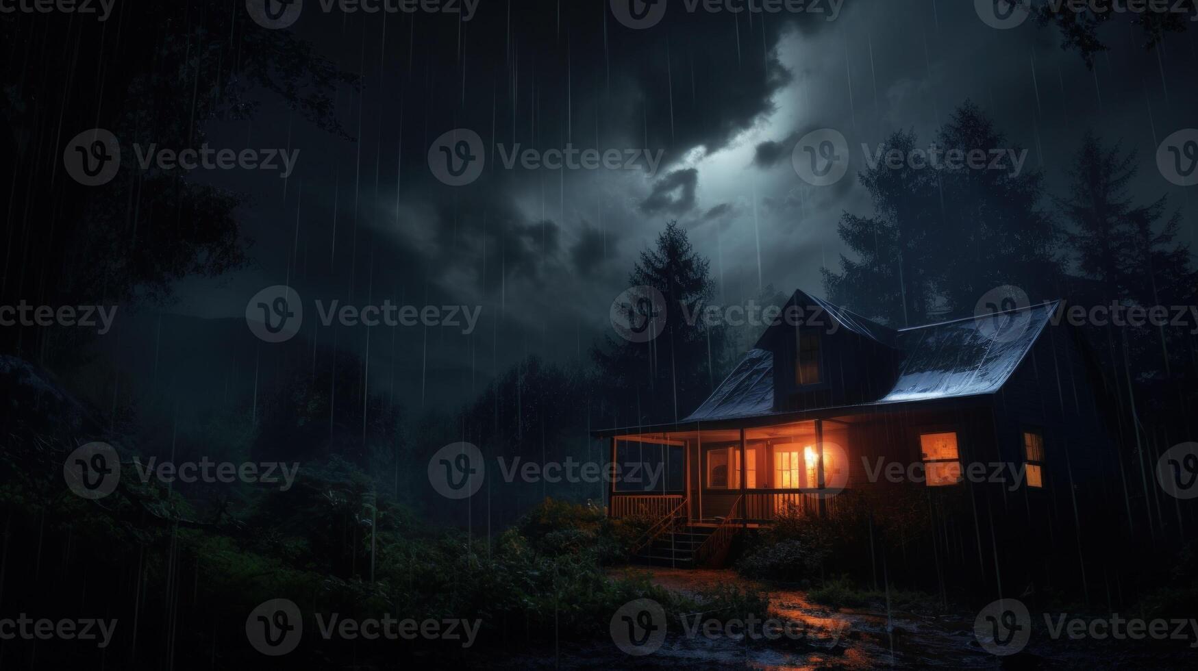 A small wooden cabin glows with warm light in a dark and stormy forest, rain falling and creating puddles in the foreground. photo