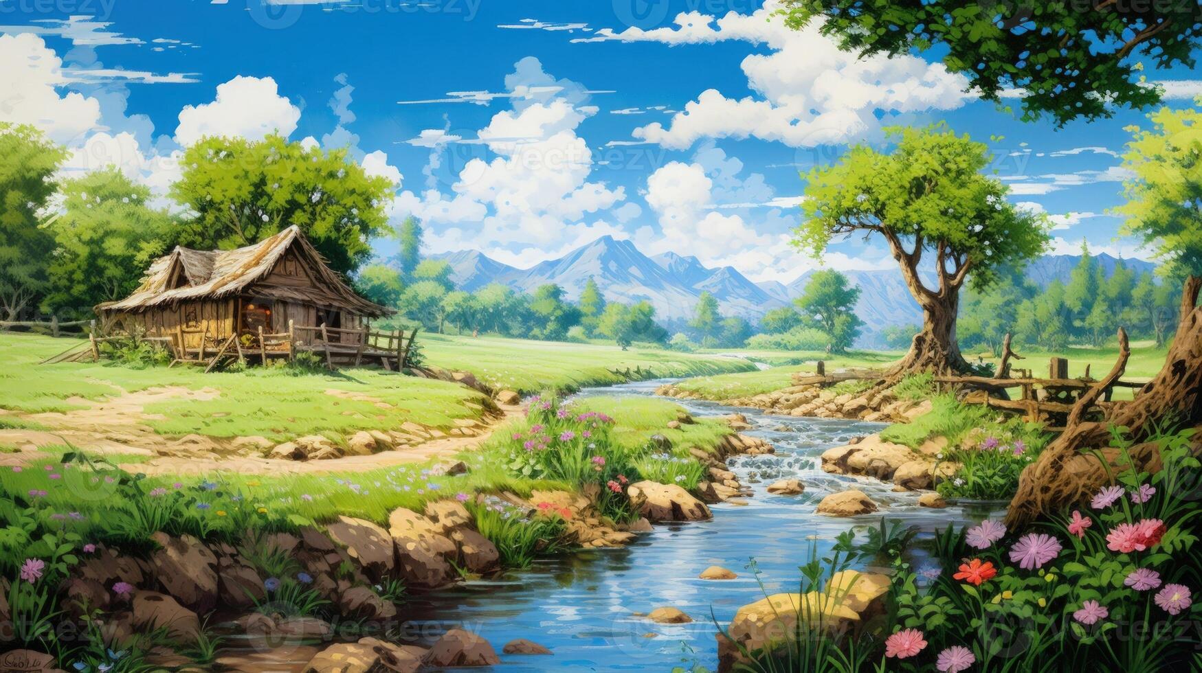 A small wooden cabin sits by a stream, surrounded by lush greenery and flowers, with mountains in the distance under a bright blue sky. photo