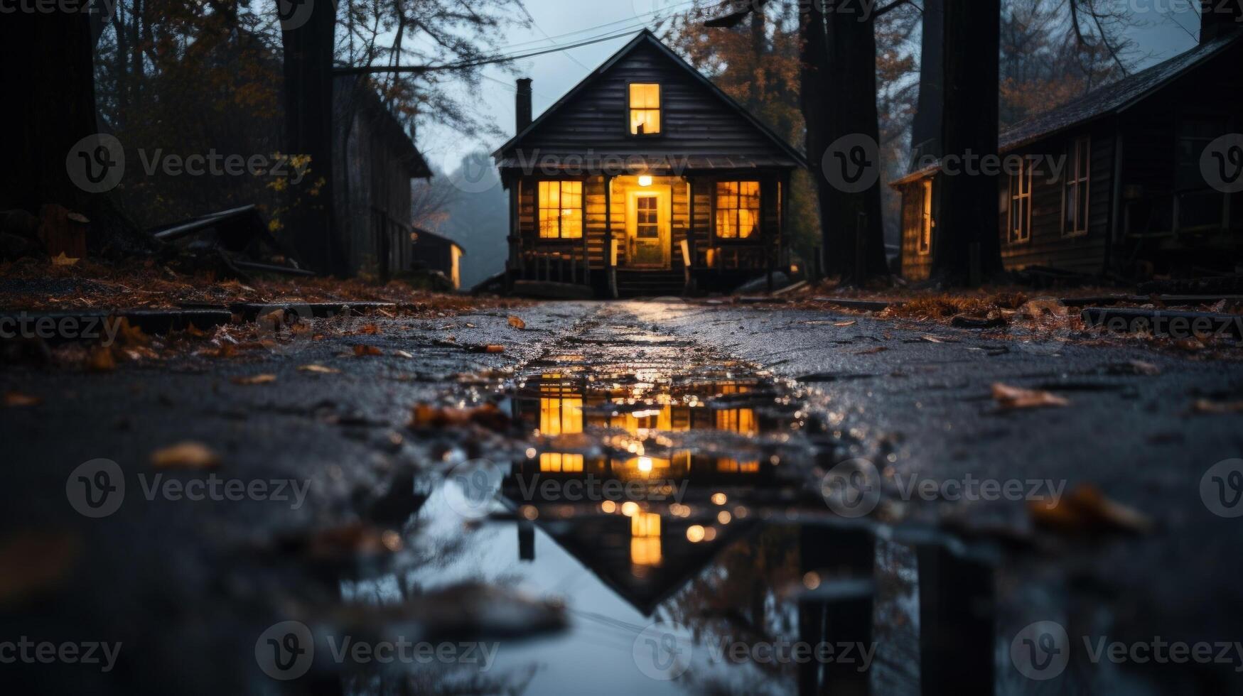 A small wooden cabin with lit windows reflects in a puddle on a dirt road, casting an orange glow in the gloomy night. photo