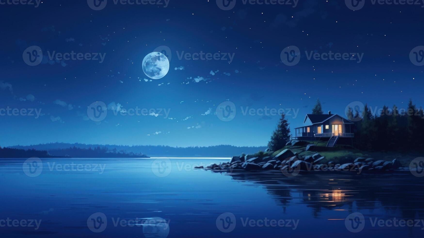A small, cozy cabin with lights on sits on a rocky shore, lit by the full moon and starry night sky, reflecting on the calm, blue water. photo