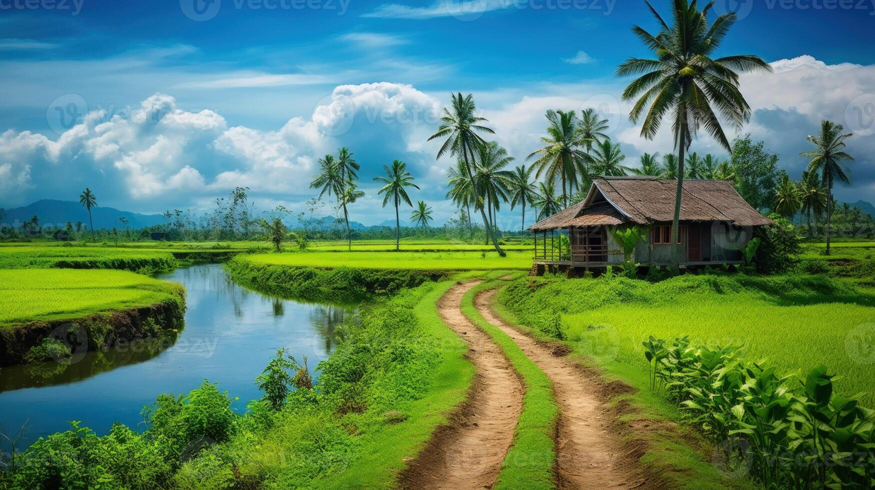 A small wooden hut nestled amidst lush green rice paddies with a winding dirt path leading to it, a sparkling blue river, and a clear blue sky with white clouds. photo
