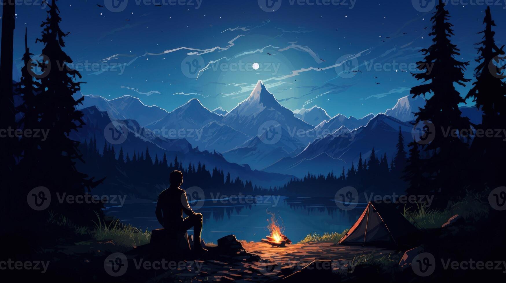 A solitary figure sits by a campfire under a starry night sky, enjoying the peaceful view of a lake and a majestic mountain range in the distance. photo